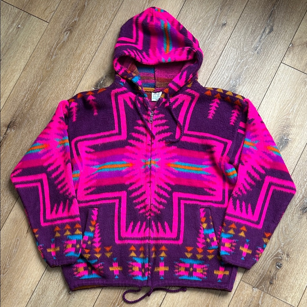 Yari Artesanias Aztec 100% Wool Hooded Full Zip Sweater Jacket M Pink Purple